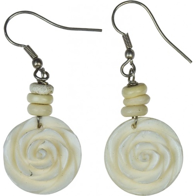 Sanu Babu Kostěné visací náušnice kulaté, vyřezávaná růže, délka 39mm