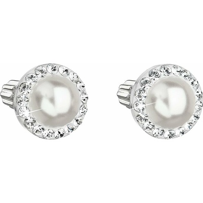 Evolution Group strieborné náušnice perlička s krištálmi Swarovski a bielou perlou okrúhle 31314.1