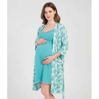 Комплект нощница и халат за бременни в цвят мента и смарагдово зелено