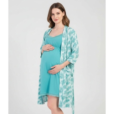 Комплект нощница и халат за бременни в цвят мента и смарагдово зелено