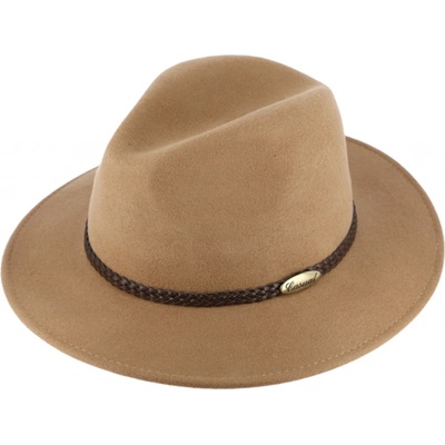 Fiebig Headwear since 1903 klobouk fedora plstěný béžový s koženým pleteným páskem béžový