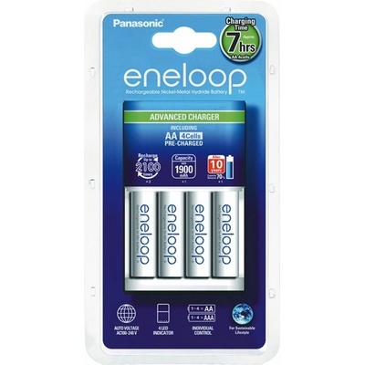 Panasonic ENELOOP зарядно устройство за батерии 240V, съвместимо с 4xAA/AAA батерии + 4бр. 1900mAh AA батерии, БЯЛО K-K-KJ17MCC40E (K-KJ17MCC40E)