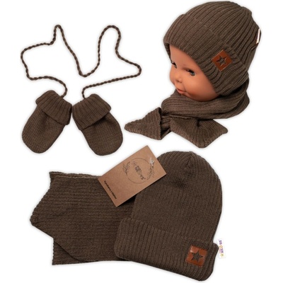 Baby Nellys pletená čepice s šálou a rukavičky 3v1 STAR hnědá
