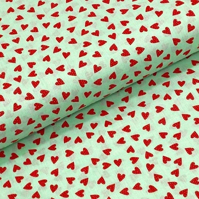 Bavlněné plátno P0619 mint, červená srdíčka, š.140