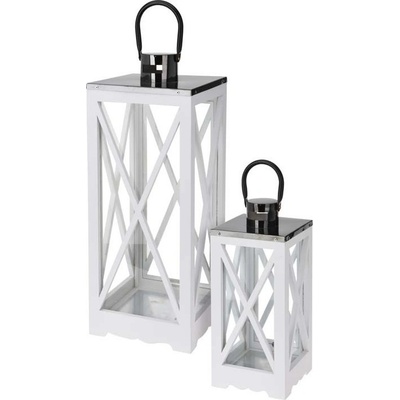 Lucerna dřevo, kov 2 ks set 145x145x345/200x200x525mm mix, bílá