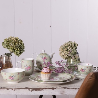 Clayre & Eef Polévková mísa porcelánová s kulatými květy zeleno béžová 500 ml