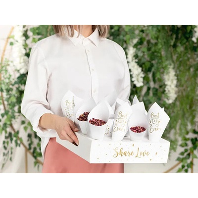 Kornútky na konfety biele Best day Ever na podstavci