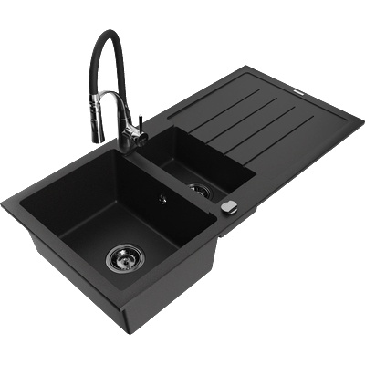 Mexen Andres мивка от гранит с 1, 5 отделения, с отцедник и кухненски смесител Aster, черен - 6515-77-73450-07-B (6515-77-73450-07-B)
