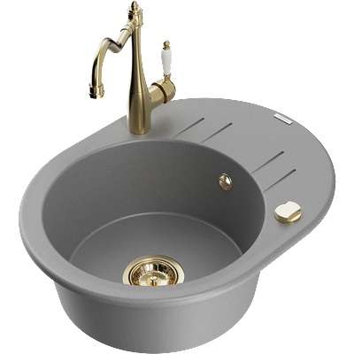 Mexen Kevin гранитна кухненска мивка с 1 отделение с отцедник и кухненски смесител Carla, сив - 6517-71-670700-50 (6517-71-670700-50)