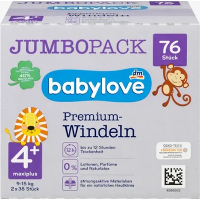 Babylove Premium aktiv plus 4+ maxiplus 9-20 kg Jumbo Pack 2 x 38 76 ks