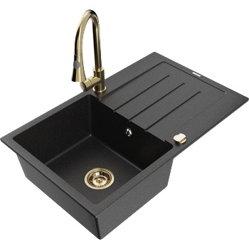 Mexen Bruno гранитна мивка с 1 камера и отцедник и кухненски смесител Elia, черен/сребърен металик - 6513-73-670101-50 (6513-73-670101-50)