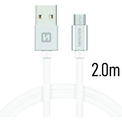 Swissten 71522303 USB 2.0, zástrčka A - zástrčka micro B, opletený, 2m, stříbrný