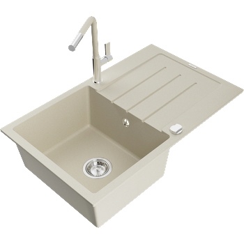 Mexen Bruno гранитна мивка с 1 отделение с отцедник и кухненски смесител Flora, бежов - 6513-69-670401-09 (6513-69-670401-09)