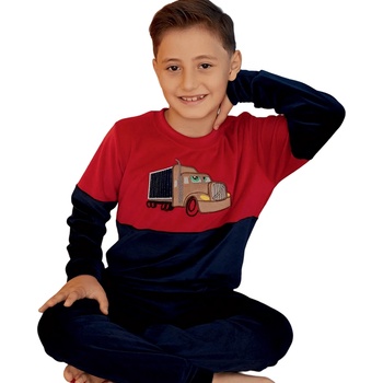 Image 1 of Детска плюшена пижама за момче в тъмносиньо и червено