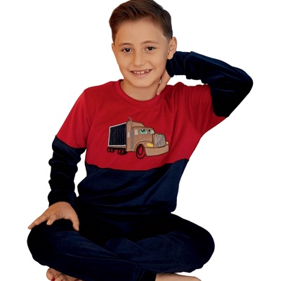 Детска плюшена пижама за момче в тъмносиньо и червено