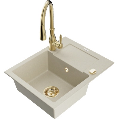 Mexen Enzo гранитна мивка 1-каморна с дренаж и кухненски смесител Savita, бежов - 6506-69-672601-50 (6506-69-672601-50)