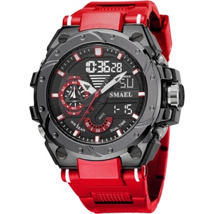 SMAEL Спортен мъжки часовник Smael Sport Shock, Двойно време, Хронограф, LED Подсветка, Червен / Черен (SMAEL-8060-RED-BLACK) Часовници