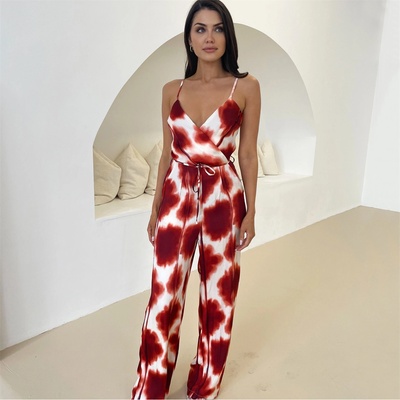 AX Paris Rust Printed Strappy Tie Waist Jumpsuit - Rust