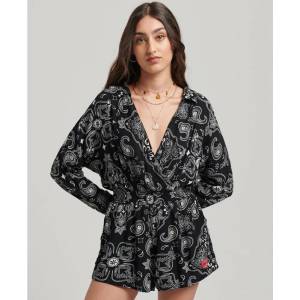 SUPERDRY Vintage Beach long sleeve romper - Black (Black Bandana AOP)