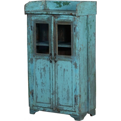 Sanu Babu Prosklená skříňka z teakového dřeva, tyrkysová patina, 73x41x131cm