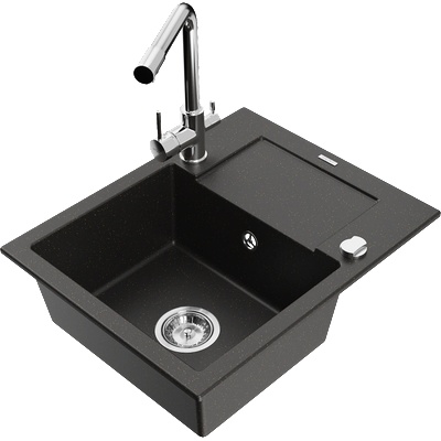 Mexen Enzo еднокамерна гранитна мивка със сушилник и кухненски смесител Duero, черен/златен металик - 6506-75-671600-00 (6506-75-671600-00)