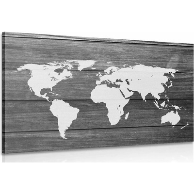 Obraz čiernobiela mapa sveta s dreveným pozadím