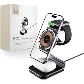 Зарядна станция от Tech-Protect QI15W-A29 3-in-1 Inductive Charger with MagSafe for Smartphone / Apple Watch / AirPods - Black (9490713935774)