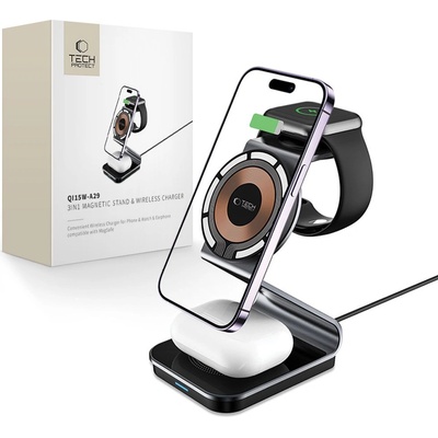 Зарядна станция от Tech-Protect QI15W-A29 3-in-1 Inductive Charger with MagSafe for Smartphone / Apple Watch / AirPods - Black (9490713935774)