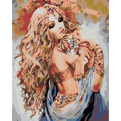 zuty Malování podle čísel Krásná žena a tygří mládě 40 x 50 cm vypnuté plátno na rám 8596530015130
