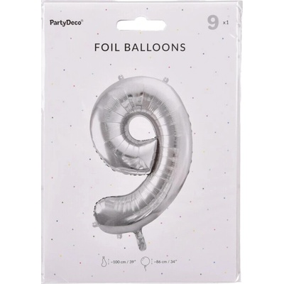PartyDeco Balón fóliový číslo 9 35 cm stříbrný