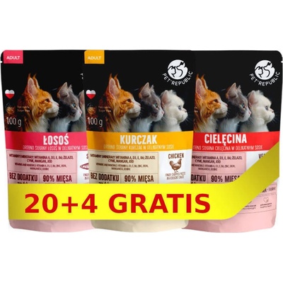 PetRepublic jemne nakrájané kúsky v jemnej omáčke kuracie teľacie losos 24 x 100 g