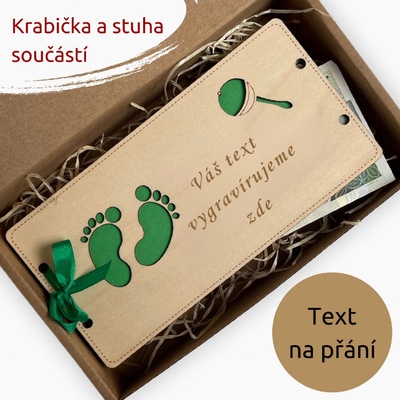 PanDatel Dřevěné pouzdro na peníze - NAROZENÍ DÍTĚTE - nožičky - Váš text