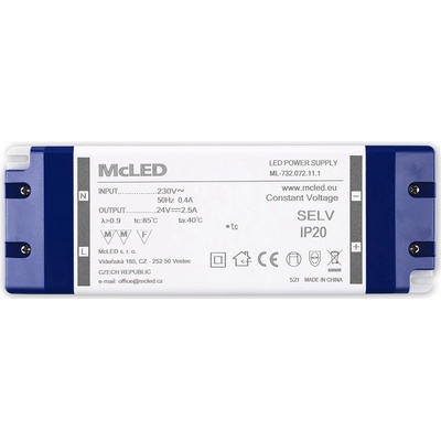 Napájecí zdroj 60W, DC24V/2,5A, IP20, plastové provedení se svorkovnicí