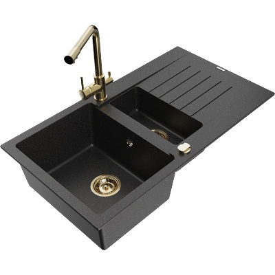 Mexen Matias гранитна мивка с 1, 5 камери с отцедник и кухненски смесител Duero, черен/сребрист металик- 6502-73-671600-50 (6502-73-671600-50)