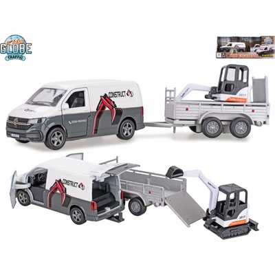Kids Globe Mikro trading Traffic VW Transporter s přívěsem na zpětný chod 27 cm s mini bagrem