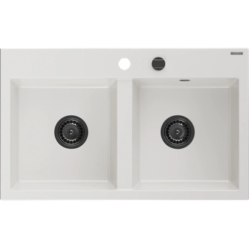 Mexen Hektor гранитна мивка с 2 камери 800 x 480 mm, бяла, черен сифон - 6521802000-20-B (6521802000-20-B)