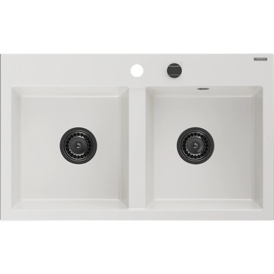Mexen Hektor гранитна мивка с 2 камери 800 x 480 mm, бяла, черен сифон - 6521802000-20-B (6521802000-20-B)