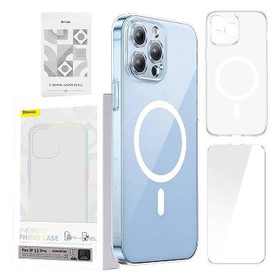 Pouzdro Phone case Baseus Magnetic Crystal Clear for iPhone 13 Pro transparent with all-tempered-glass screen protector and cleaning kit