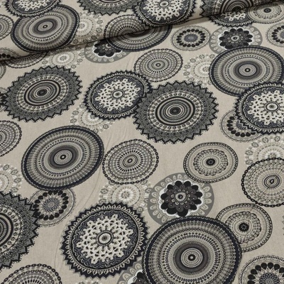 Směsové plátno MANDALA 835650, černé mandaly na šedé, š.140cm (látka v metráži)