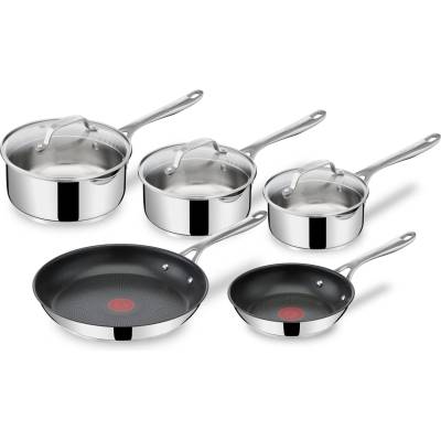 Tefal Jamie Oliver Cook's Direct On 8-piece stainless steel pan set: pans 20/28 cm, saucepans 16/18/20 cm + lid, non-stick coating, thermal signal, riveted handle, induction, E304S544