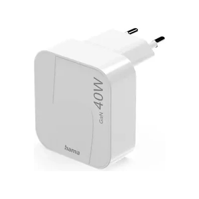Hama Бързо мини зарядно GaN, 2 x USB-C, PD, 40 W, сгъващ се адаптер, бял (HAMA-201955)