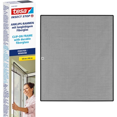 tesa Insect Stop clip-on frame fly screen for windows - for PVC windows - cuttable frame, fiberglass net, self-adhesive holding clips - 1.0 x 1.2 m - anthracite (clear) - 55360-00000-00