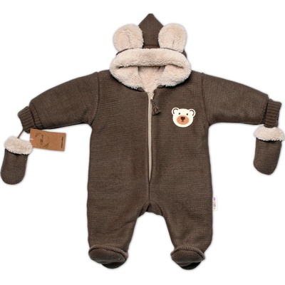Oteplená pletená kombinéza s rukavičkami Teddy Bear Baby Nellys dvojvrstvová hnedá
