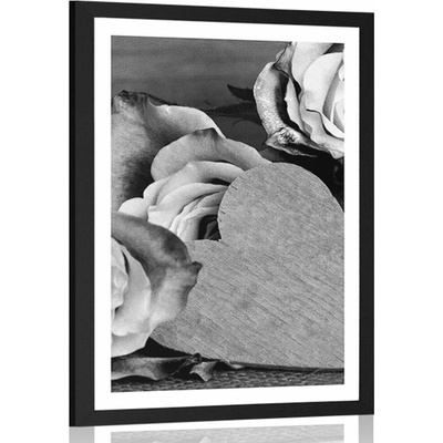 Plakát s paspartou valentýnské růže v černobílém provedení - 20x30 silver