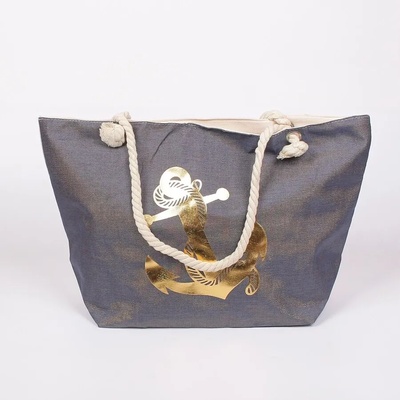 Плажна чанта в тъмносиньо и бежово със златиста котва