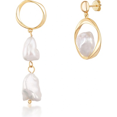JwL Luxury Pearls asymetrické pozlátené náušnice s pravými barokovými perlami JL0723