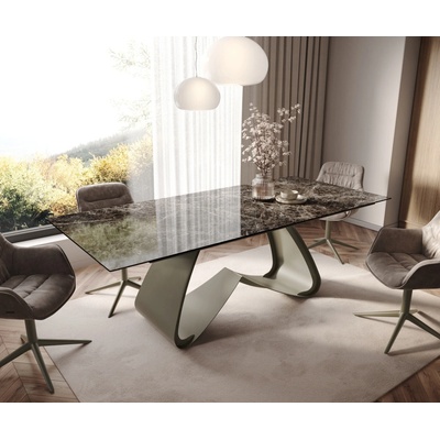 DELIFE Edge 180-220 x 100 keramika Laminam Emperador Extra Lucidato tmavě hnědá W-podnož titanová barva rozkládací