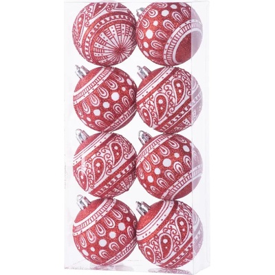 MagicHome Gule 8 ks 6 cm červené s bielym ornamentom s glitrami na vianočný stromček