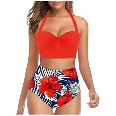 Дамски бански в червено и синьо с цветя