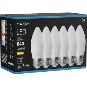 Mexen Nova 6x LED крушка E27, C37, 8W, Топла - 3000K, 840 lm - L102-E27-0830-01x06 (L102-E27-0830-01x06)
